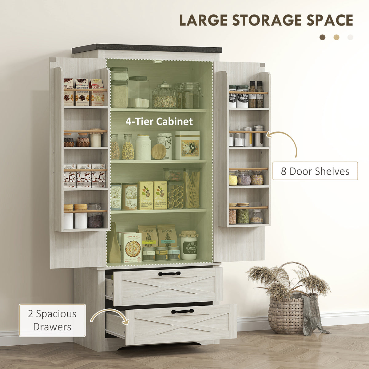 Farmhouse Kitchen Pantry Storage Cabinet, 64" Freestanding Kitchen Pantry Cabinet with Drawers, Distressed White