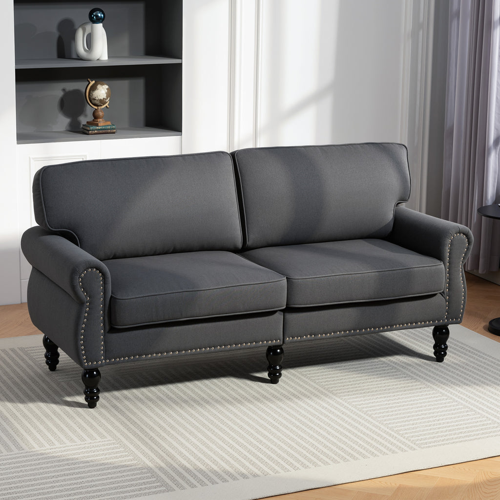 Stylish Midback Double Sofa with Sponge Padding, 2 Seater Sofa Couch, with Rubber Wood Leg, Dark Grey