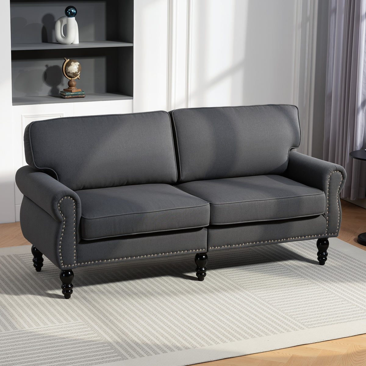 Stylish Midback Double Sofa with Sponge Padding, 2 Seater Sofa Couch, with Rubber Wood Leg, Dark Grey