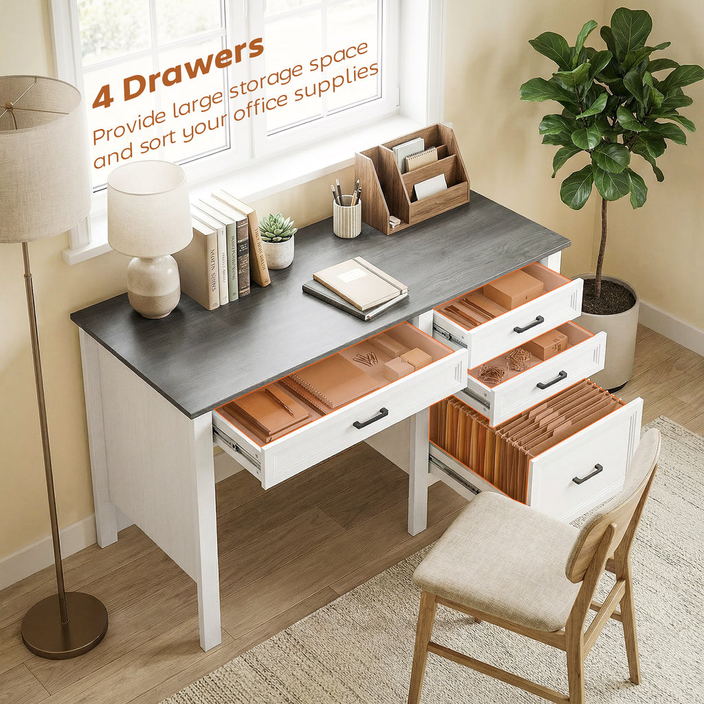 54" Farmhouse Executive Desk, Computer Desk with Drawers, Adjustable Hanging Rails for for A4/Letter Size Files, White