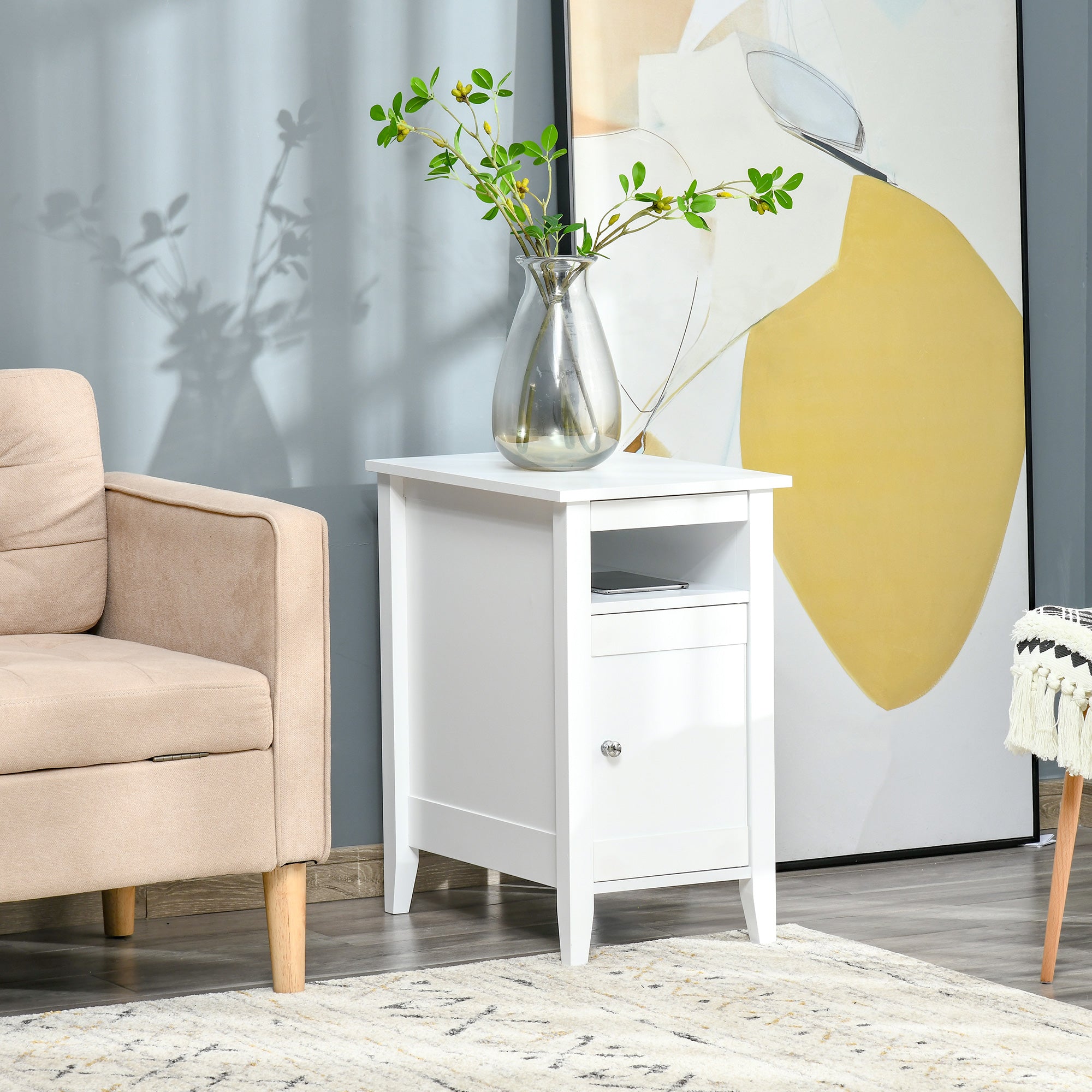 Wooden3-Tier Modern Nightstand with Pullout Shelf, Adjustable Open Shelf, and Door Cabinet, White