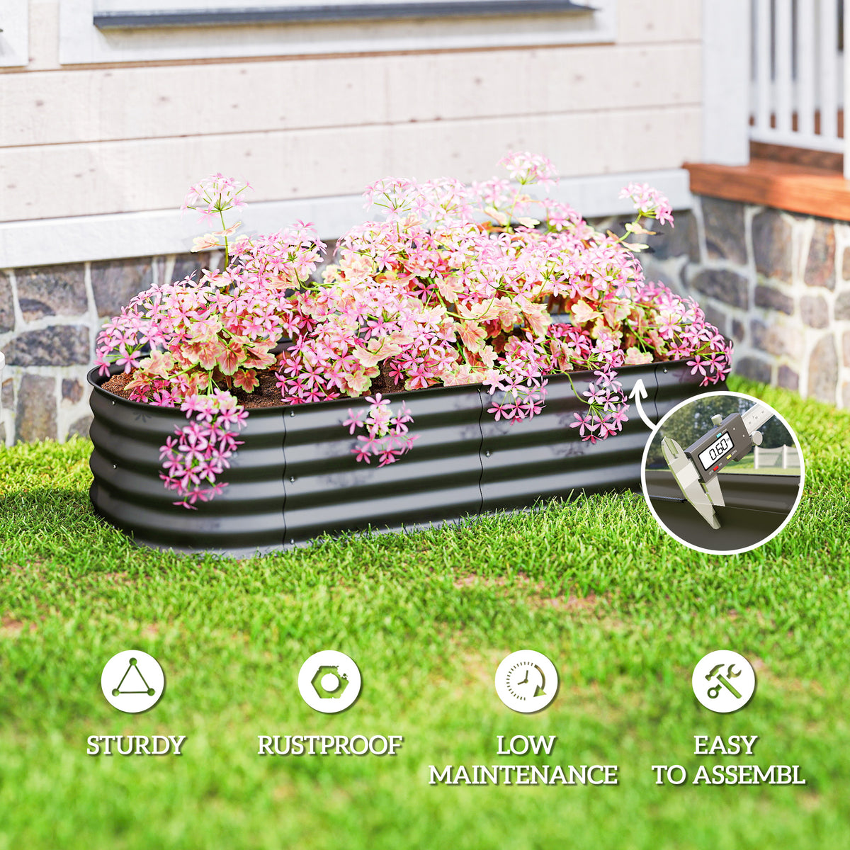 6.4 x 2 x 1ft Galvanized Raised Garden Bed Kit, Metal Planter Box with Safety Edging, Dark Grey