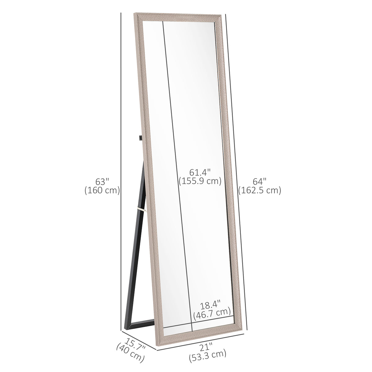 64" x 21" ምሉእ ቁመት ርእሲ መስተዋት ምስ ፍሬም፣ ናጻ ደው ዝብል፣ ኣብ መንደቕ ዝተሰቕለ ወይ ዝተደገፈ፣ ጉንሜታል ሲልቨር
