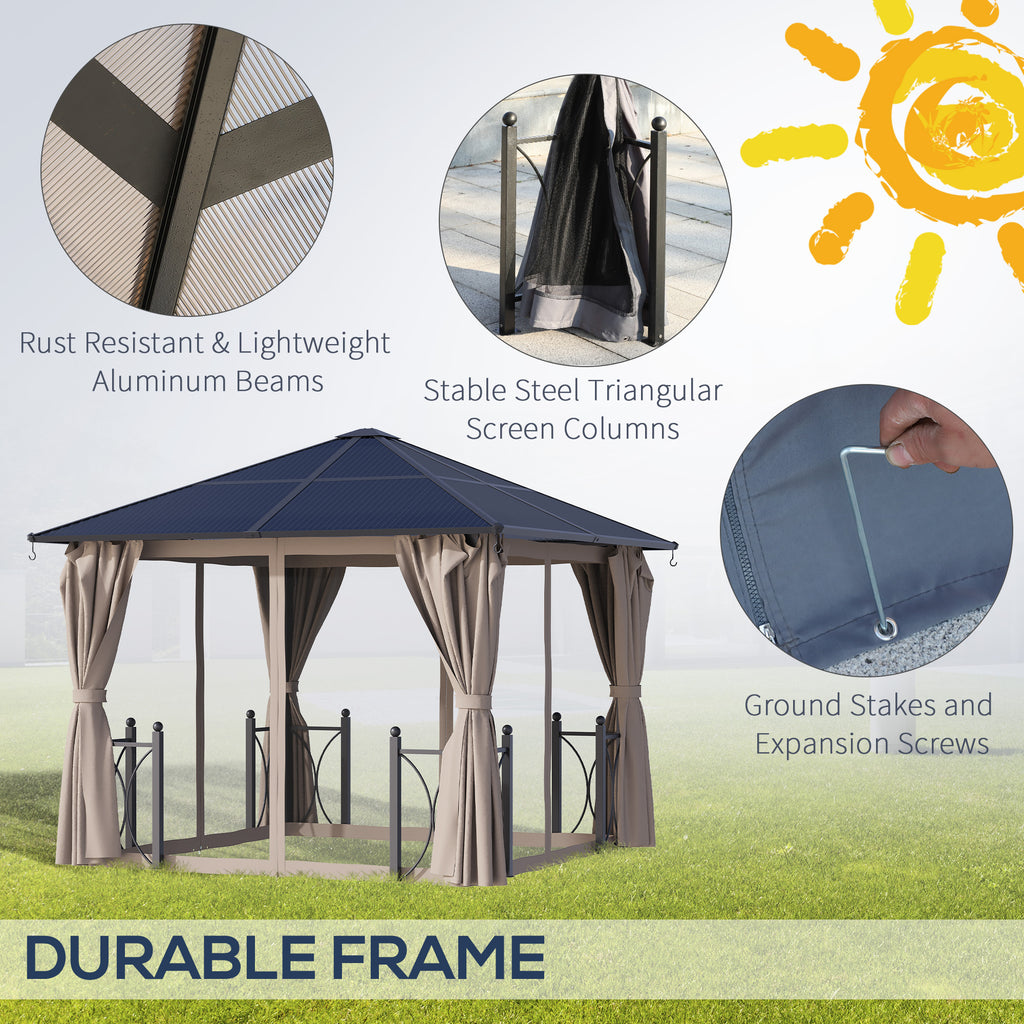 10' x 10' ሃርድቶፕ ጋዜቦ ብፒሲ ቦርድ ጣሪያን ኣሉሚኒየም ፍሬምን፣ ፓትዮ ጋዜቦ ምስ መጋረጃታትን መርበብታትን ንግብረ-ሓዳር ወይ ሰርግ ማርኪ ቴንት፣ ጸሊም