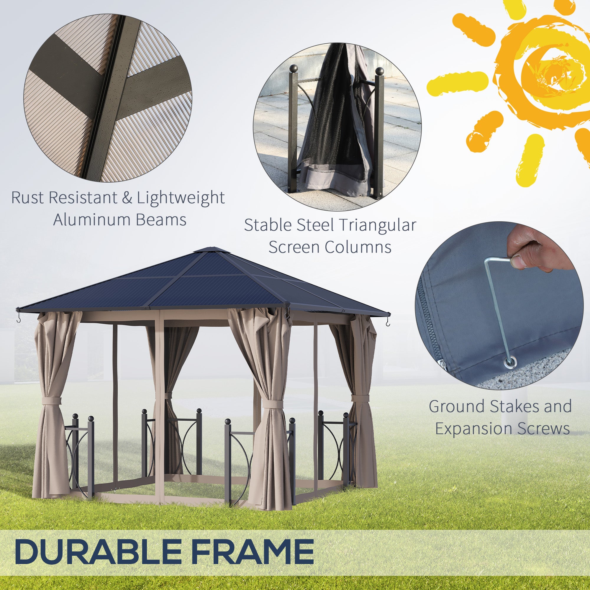10' x 10' ሃርድቶፕ ጋዜቦ ብፒሲ ቦርድ ጣሪያን ኣሉሚኒየም ፍሬምን፣ ፓትዮ ጋዜቦ ምስ መጋረጃታትን መርበብታትን ንግብረ-ሓዳር ወይ ሰርግ ማርኪ ቴንት፣ ጸሊም