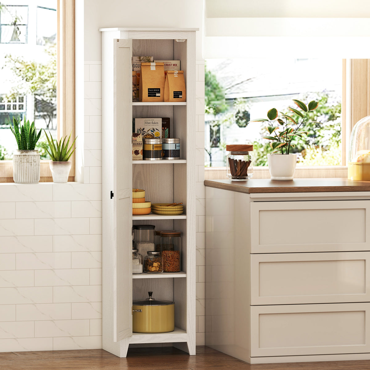 48" Farmhouse Kitchen Pantry Storage Cabinet with Barn Door, Kitchen Pantry Cabinet with Adjustable Shelves, White