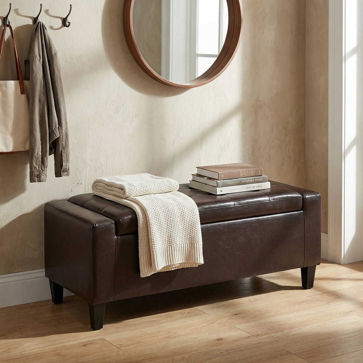 Storage Ottoman Bench, PU Leather Upholstered Bench with Tufted Design, Black