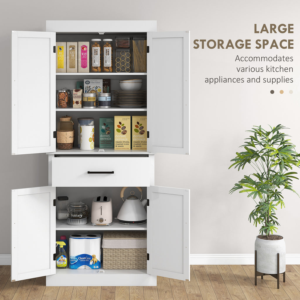 72" Kitchen Storage Cabinet, Farmhouse Kitchen Pantry Cabinet with 4 Barn Doors, Drawer, Adjustable Shelves, White