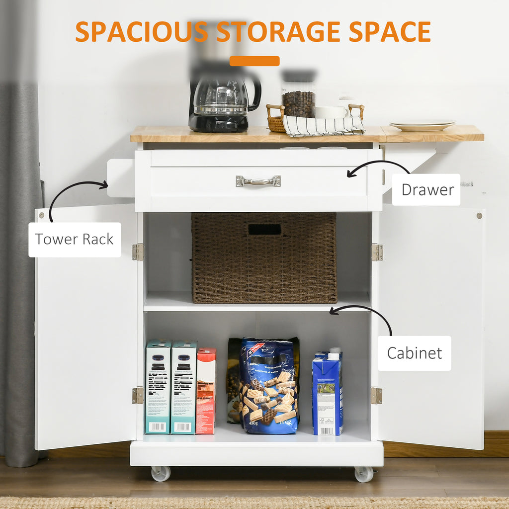 Foldable Kitchen Island with Storage Drawer, Farmhouse Style Rolling Utility Cart, Coffee Bar Cabinet on Wheels with Drop-Leaf Wood Top, White
