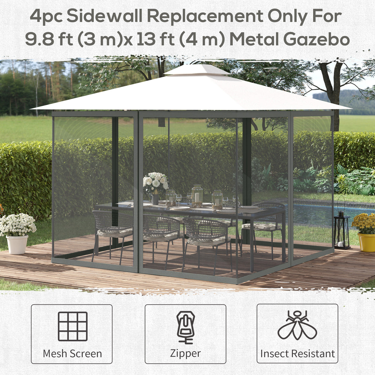 Replacement Mosquito Netting for Gazebo 10' x 12' Black Screen Walls for Canopy with Zippers, White