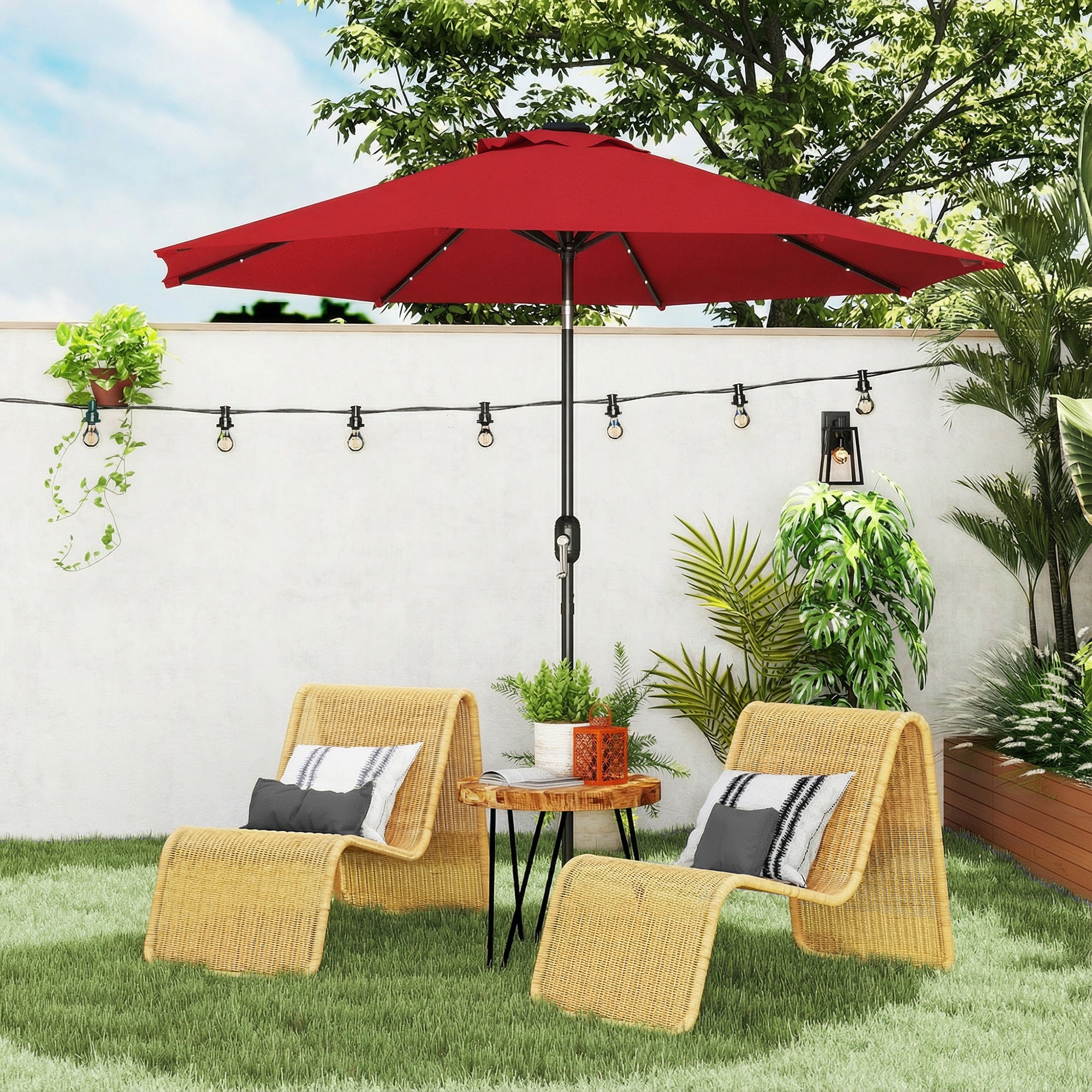9ft Solar Patio Umbrella Outdoor Sunshade 24 LED Lights Tilt Canopy, Wine Red