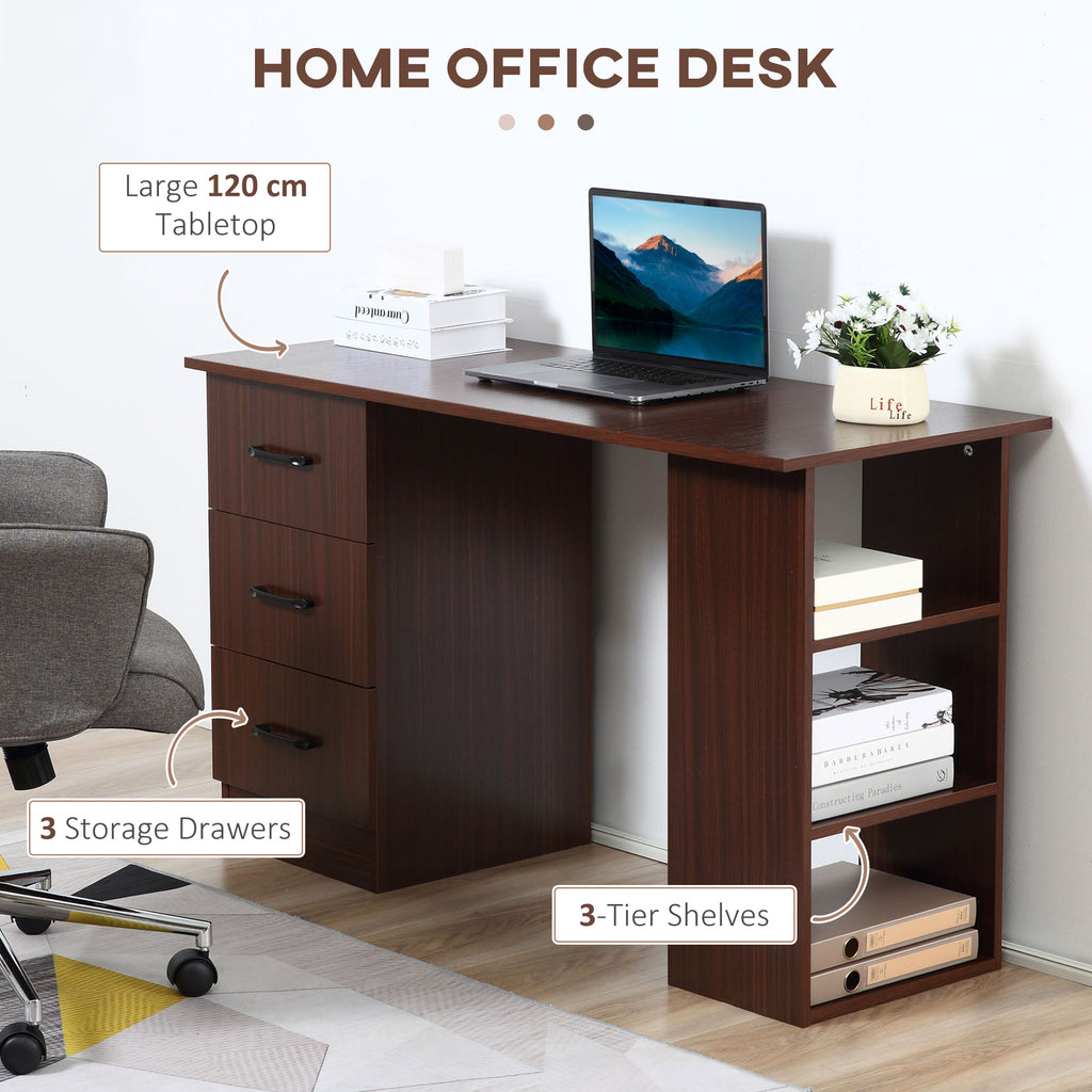 Computer Desk, 47" Writing Table with 3-Tier Shelves and 3 Reversible Drawers for Home Office, Bedroom, White