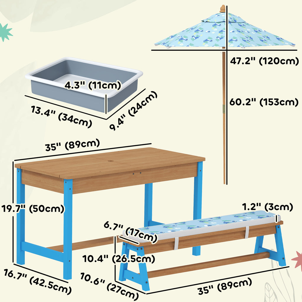Qaba Kids Picnic Table and Bench Set with Removable Umbrella, Cushions & Boxes, Dinosaur Theme for Outdoor, Blue
