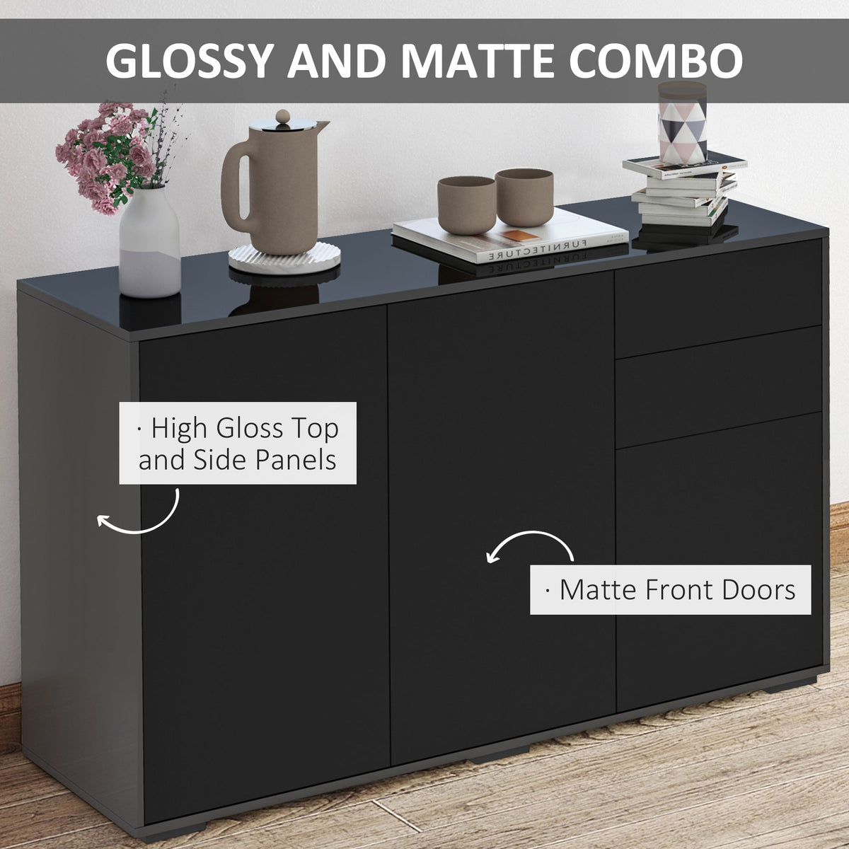 Kitchen Sideboard Storage Cabinet, Modern Coffee Bar with Push-Open Design and 2 Drawers for Living Room, Black