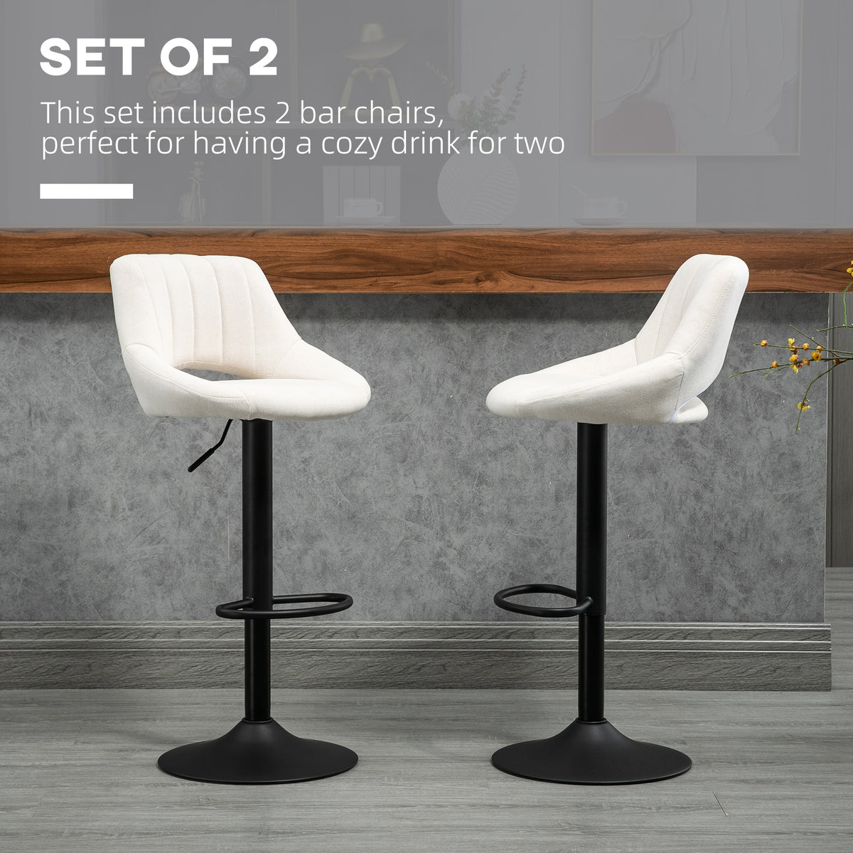 Bar Stools Set of 2, Swivel Counter Height Barstools with Adjustable Height, Linen Upholstered Bar Chairs with Round Metal Base and Footrest, Cream