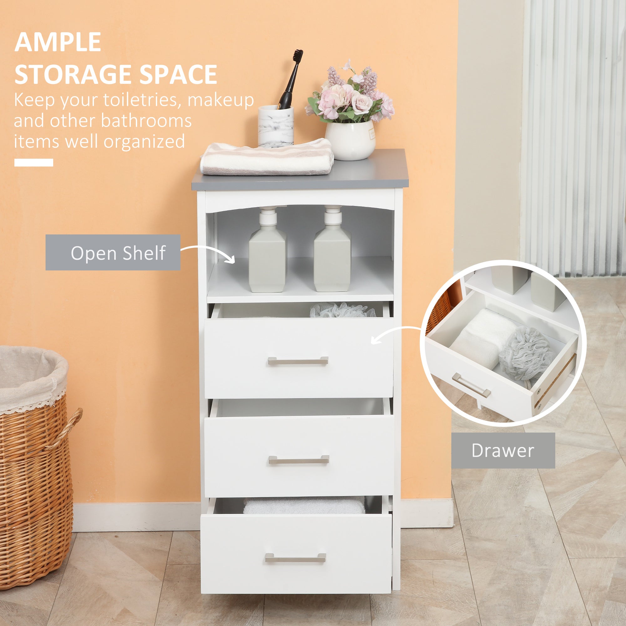 Small Bathroom Storage Cabinet, Floor Cabinet with 3 Drawers and Open Component, Narrow Bathroom Cabinet, White