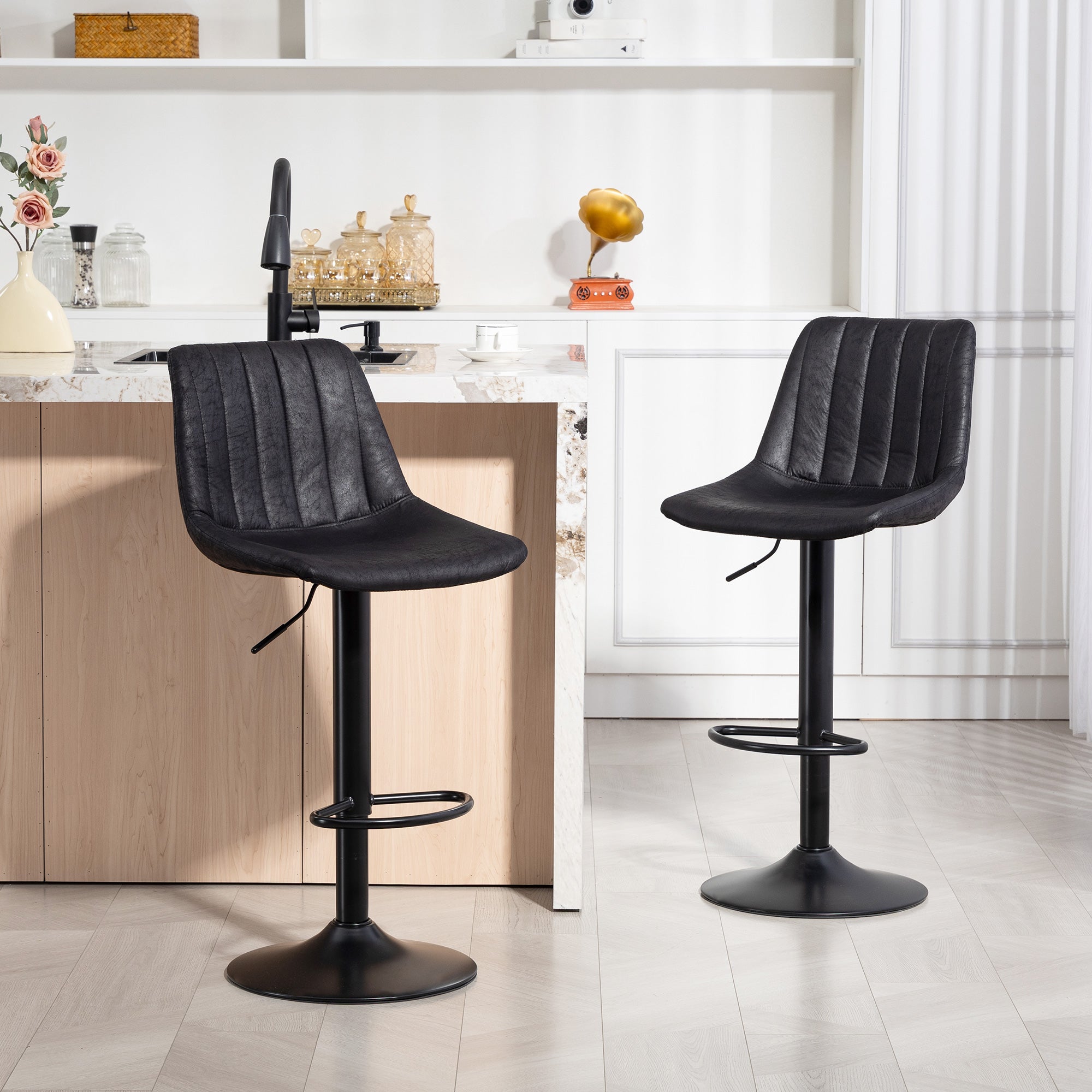 Counter Height Bar Stools Set of 2, Adjustable Height Bar Chairs with Swivel Seat, Leathaire Upholstery