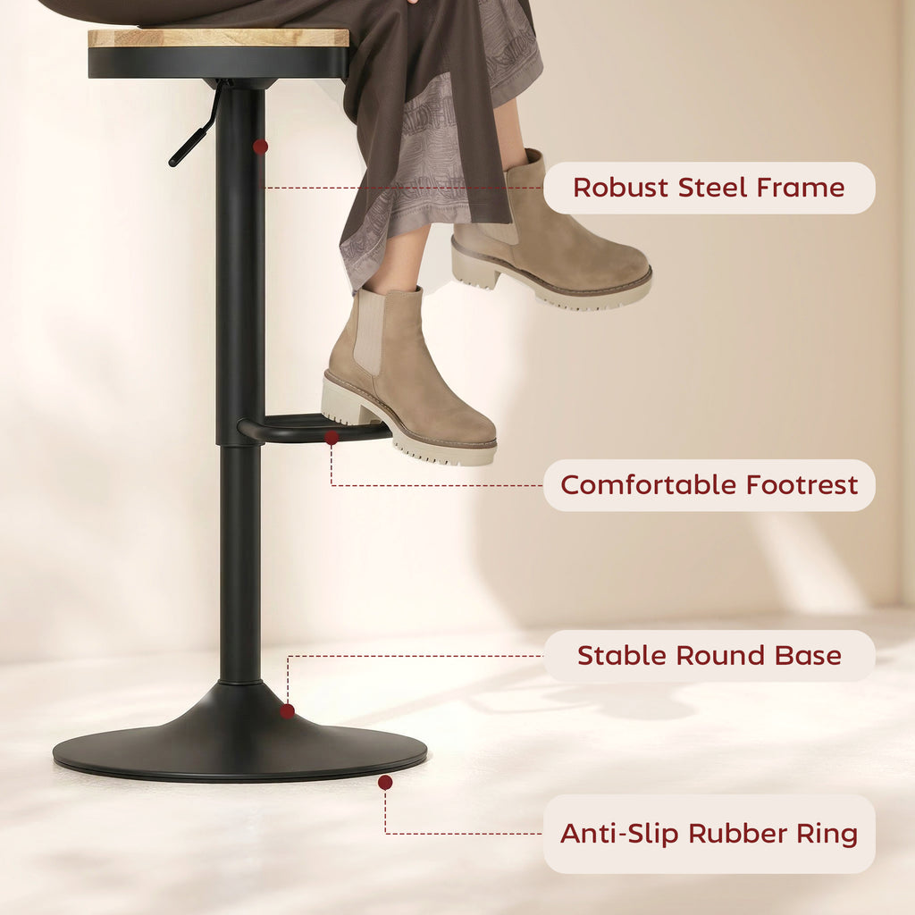 Wood Barstools Set of 2, Swivel Bar Stools with Adjustable Height for Kitchen Counter, Natural Wood and White