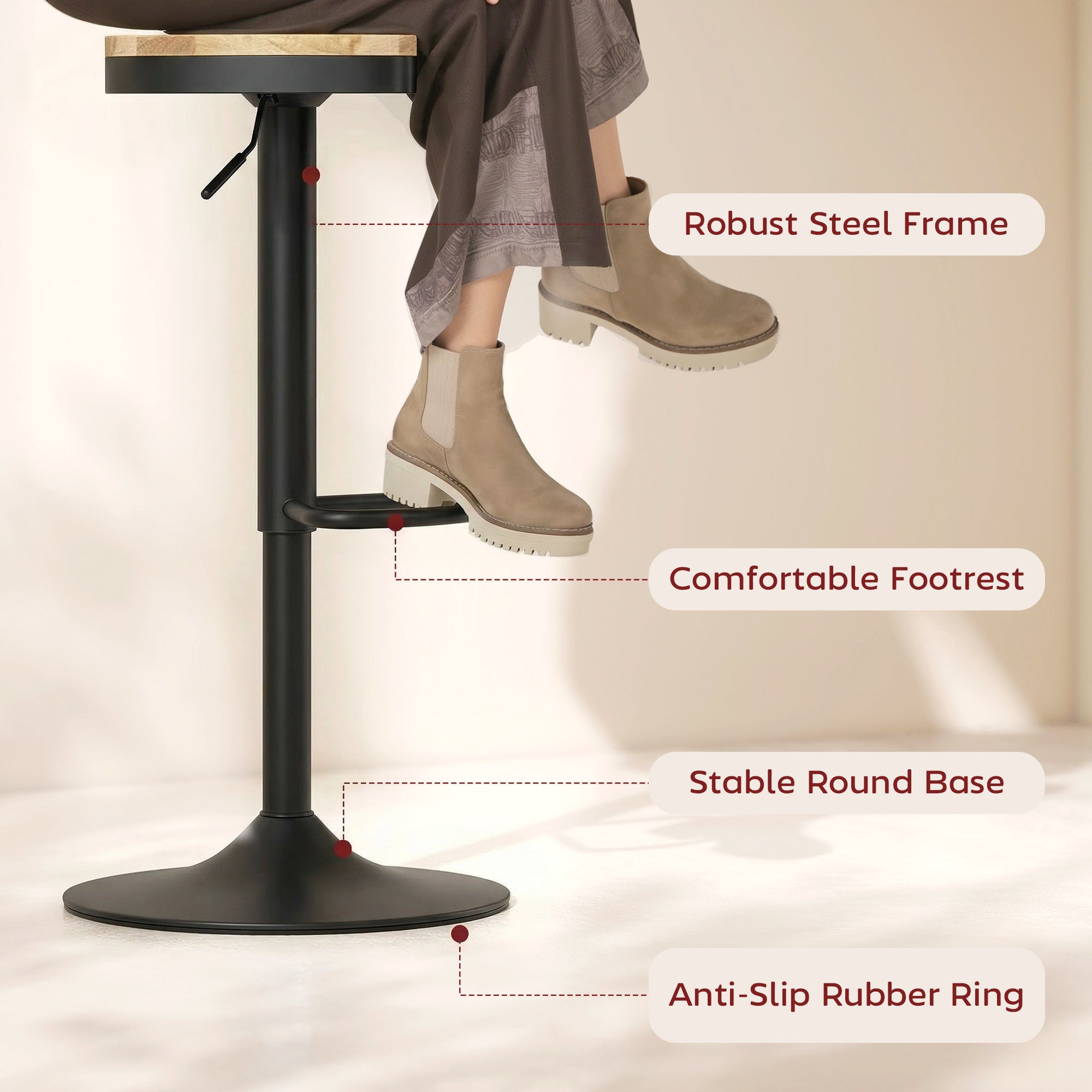 Wood Barstools Set of 2, Swivel Bar Stools with Adjustable Height for Kitchen Counter, Natural Wood and White