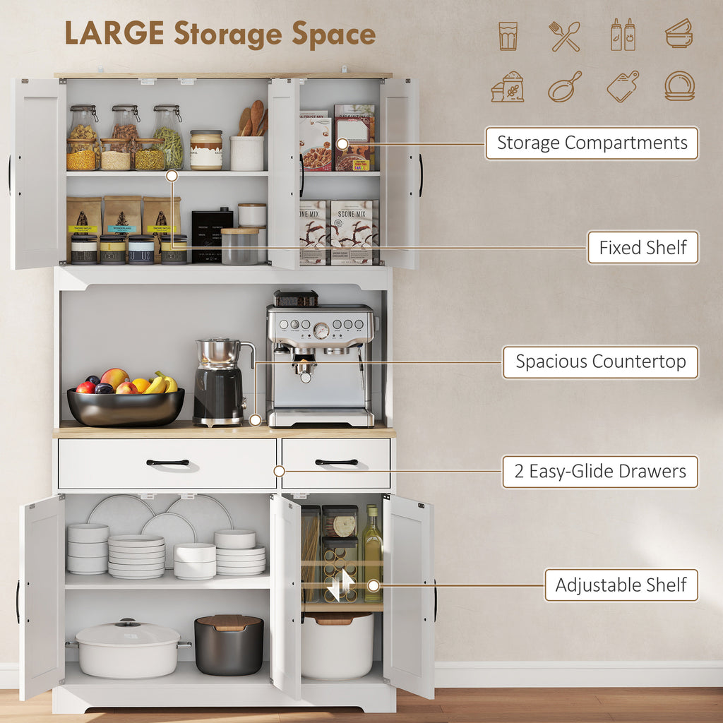 Tall Kitchen Pantry, 6 Doors, 2 Drawers, Adjustable Shelves & Worktop, Rustic Storage Cabinet for Living Room White