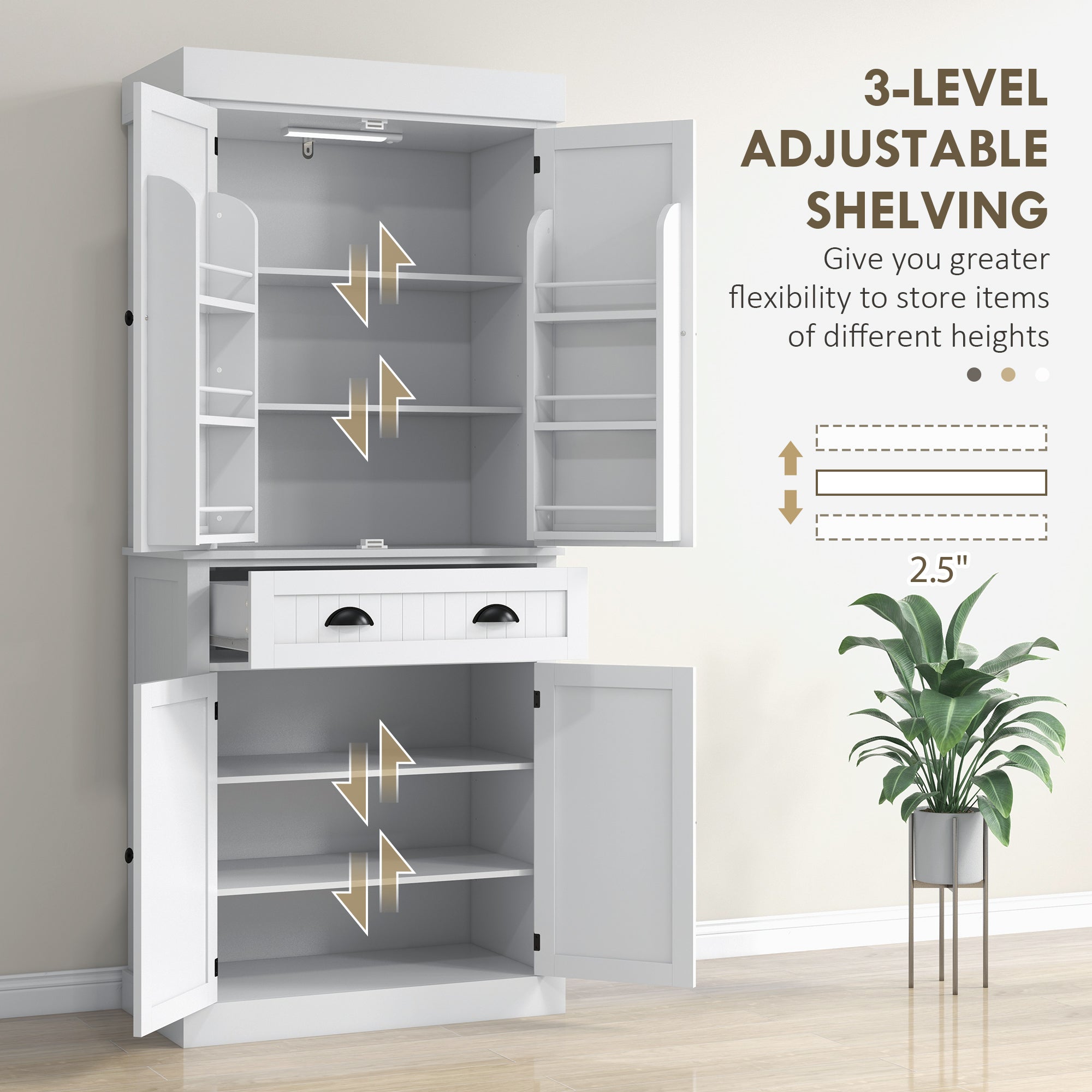 71" Kitchen Pantry Cabinet with LED Lights, 6 Spice Racks, a Drawer and 4 Adjustable Shelves, White