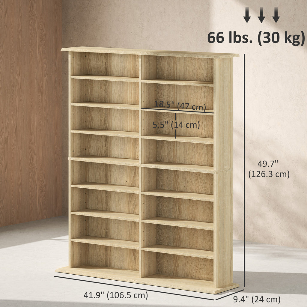 8-Tier DVD Shelf with 12 Adjustable Shelves, Double CD Shelf, Holds 720 CDs, 396 DVDs or 396 Blu-rays, Natural Wood