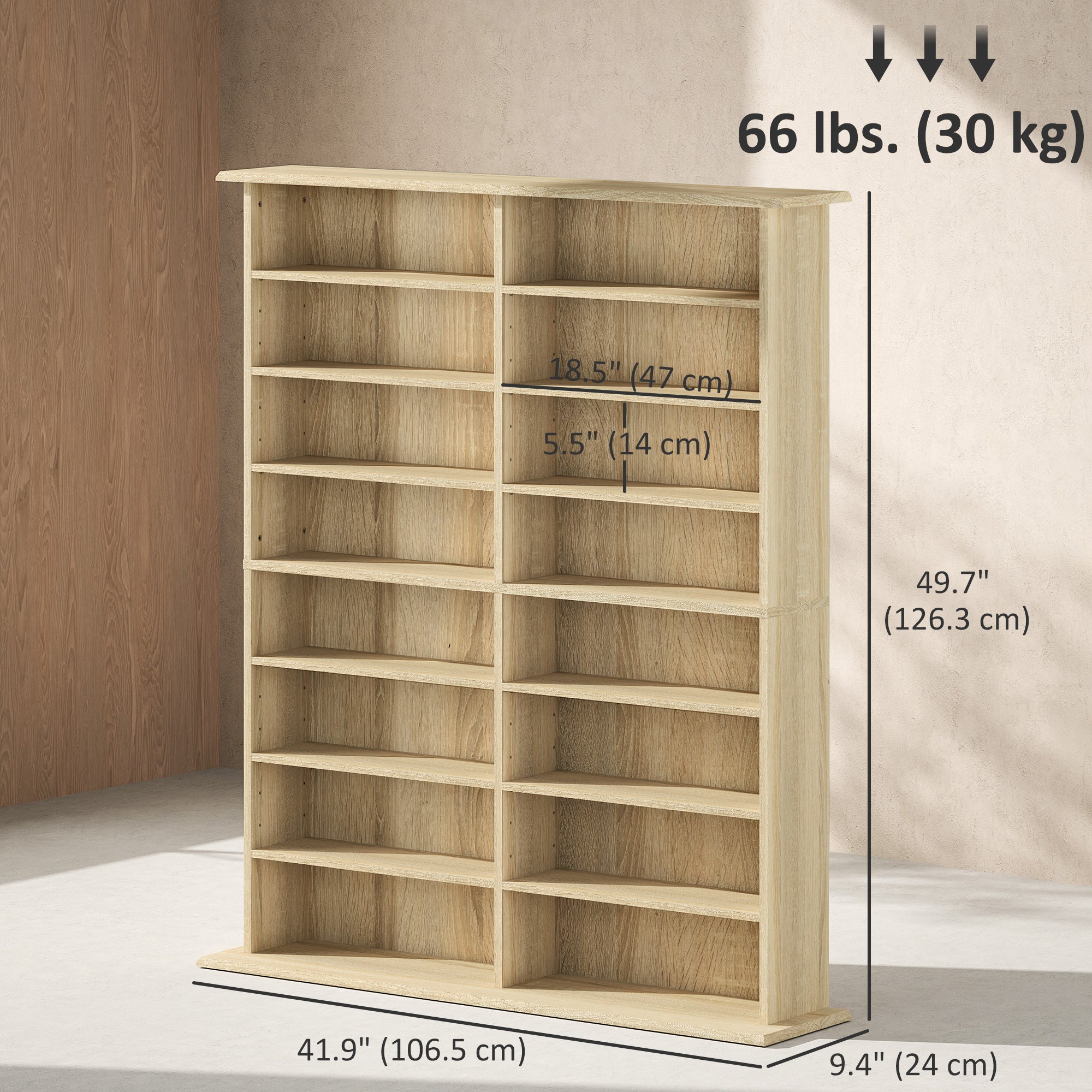 8-Tier DVD Shelf with 12 Adjustable Shelves, Double CD Shelf, Holds 720 CDs, 396 DVDs or 396 Blu-rays, Natural Wood