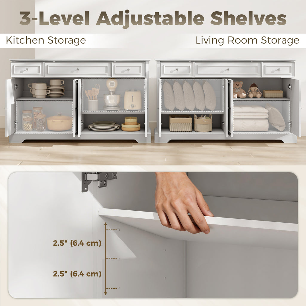 Sideboard Buffet Cabinet, 54" Kitchen Storage Cabinet with Soft-Close Doors, 3 Drawers and 2 Adjustable Shelves, White