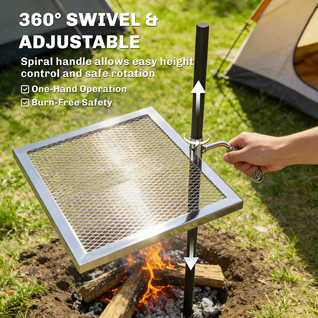 Swivel Campfire Grill, 360° Adjustable Heavy Duty Chrome-Plated Steel Campfire Cooking Grate, Silver