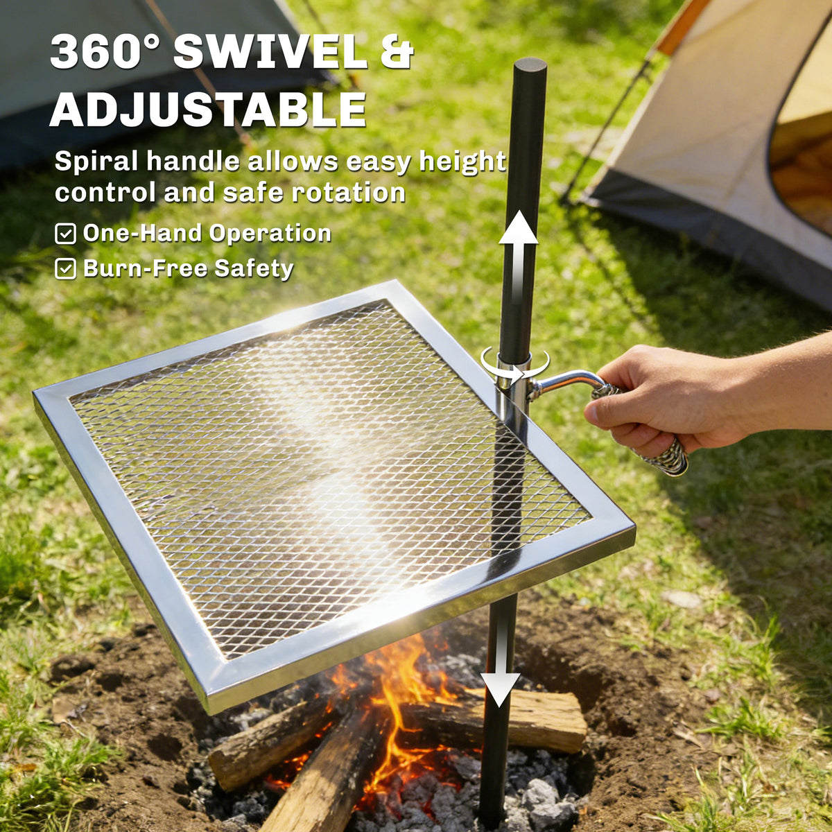 Swivel Campfire Grill, 360° Adjustable Heavy Duty Chrome-Plated Steel Campfire Cooking Grate, Silver