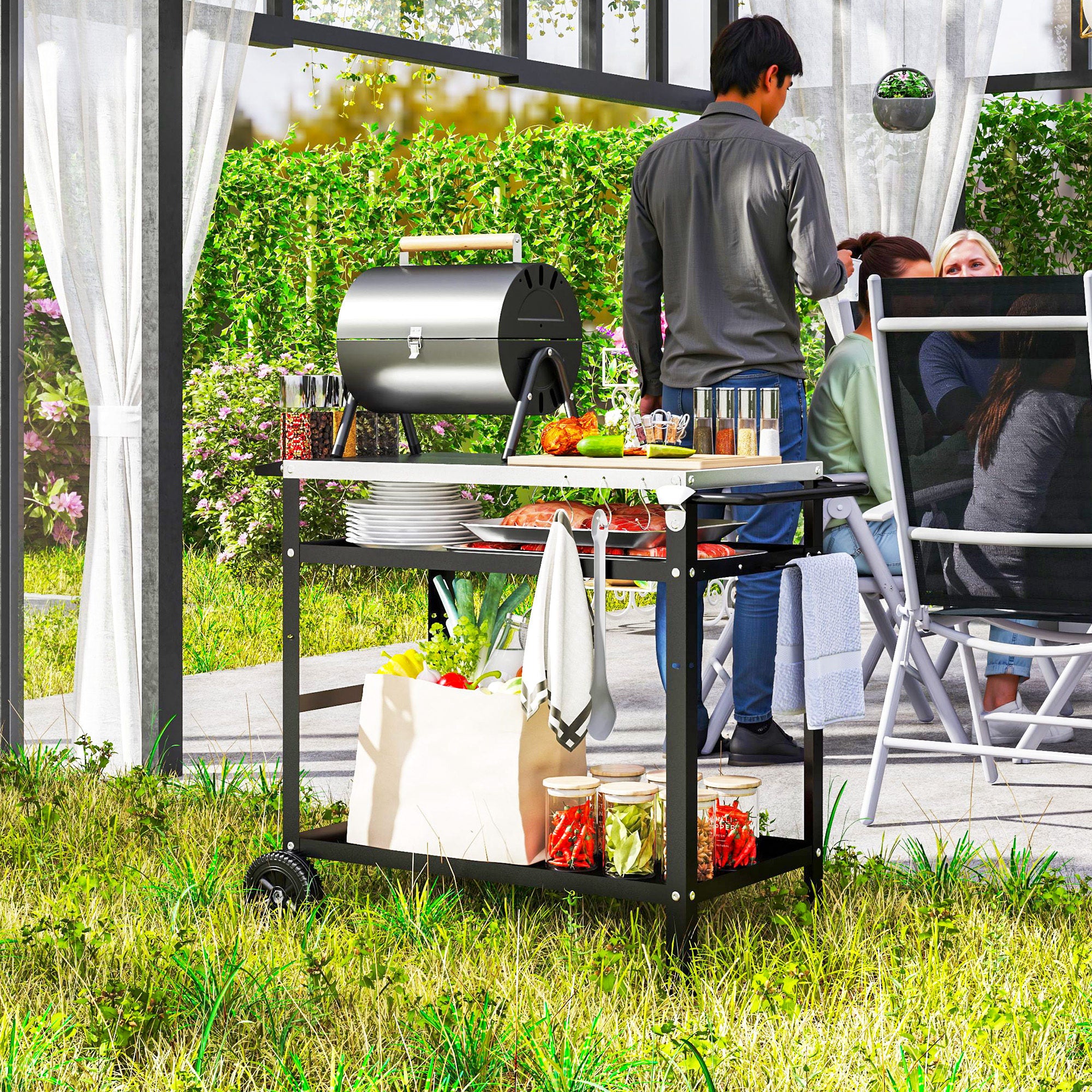 BBQ Stand with Stainless Steel Top Adjustable Shelf, Outdoor BBQ Station with Hooks Seasoning Tray Towel Rack