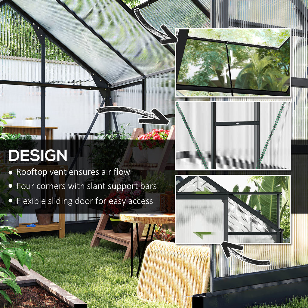 Greenhouse Garden, Green House, Outdoor Greenhouse Kit, PC Board with Sliding Door, 6.2' x 8.3' x 6.6', Grey