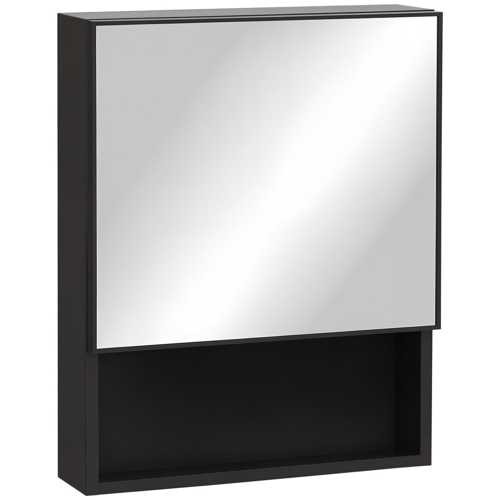 Bathroom Medicine Cabinet, Wall-Mounted Mirror Cabinet with Single Door, Storage Shelves and Stainless Steel Frame for Laundry Room, Black