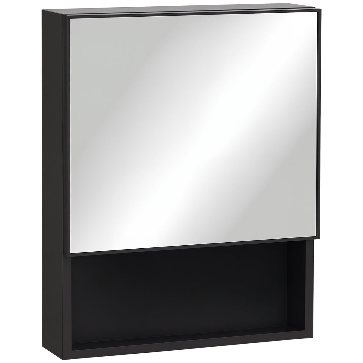 Bathroom Medicine Cabinet, Wall-Mounted Mirror Cabinet with Single Door, Storage Shelves and Stainless Steel Frame for Laundry Room, Black