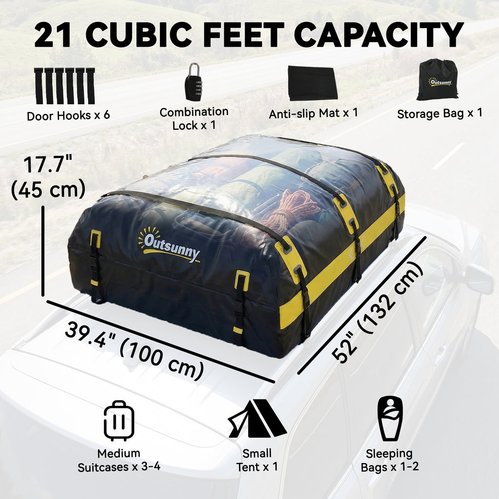 Rooftop Cargo Carrier, 21 Cubic Feet Waterproof Soft-Shell Car Roof Storage Bag w/ Door Hooks, Reflective Arrows, Yellow