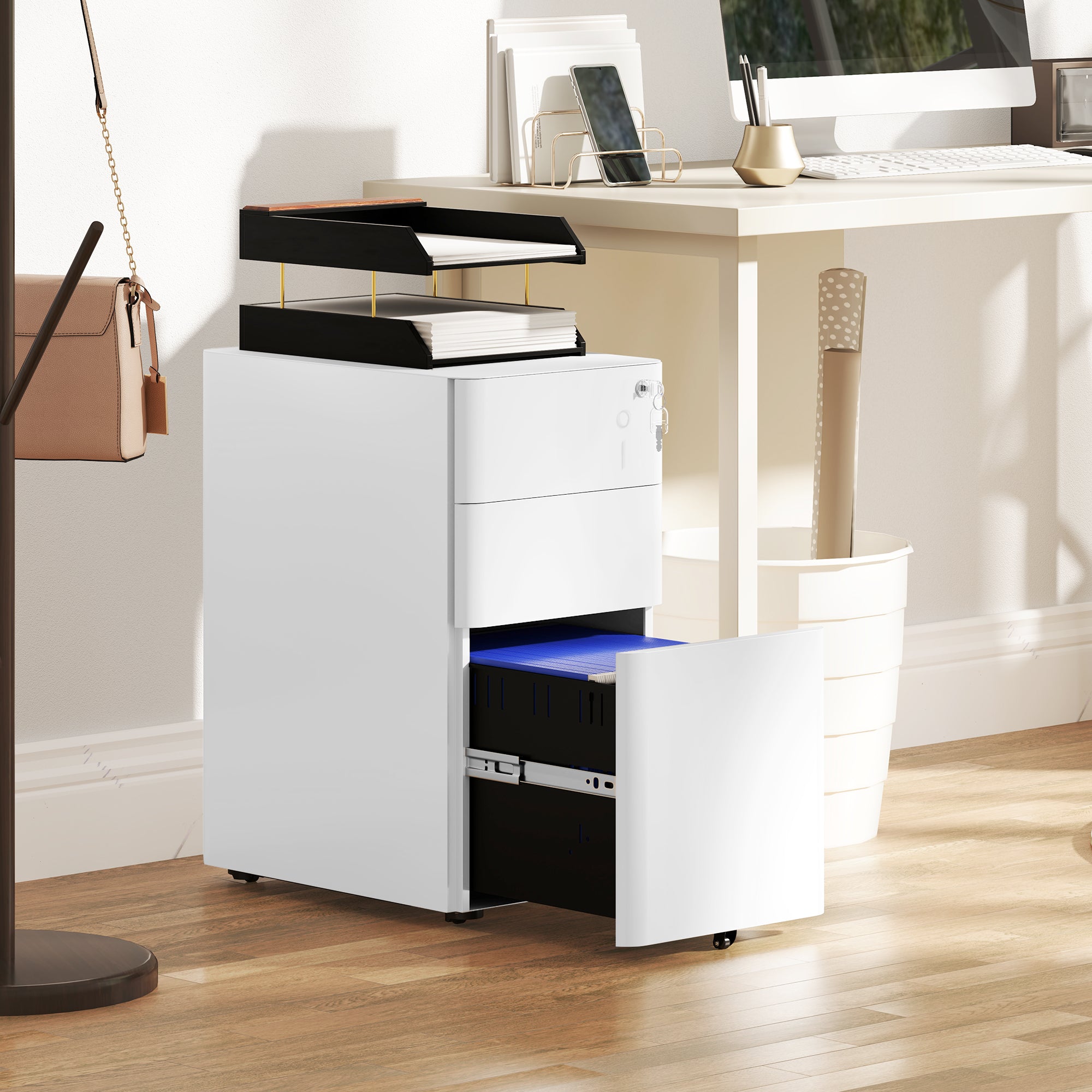 3 Drawer Filing Cabinet, Lockable Steel Office Storage Cabinet with Hanging Bar for Letter, A4, Legal Files, White