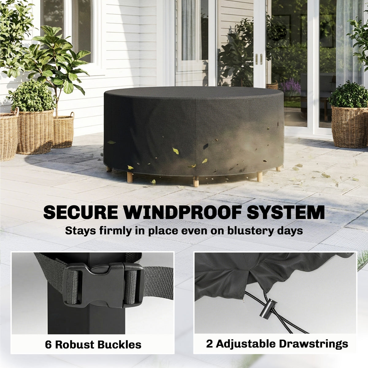 Heavy Duty Outdoor Patio Furniture Cover, Waterproof Round Table Cover for Weather Protection 84.3" Dia. x 27.6"H, Black