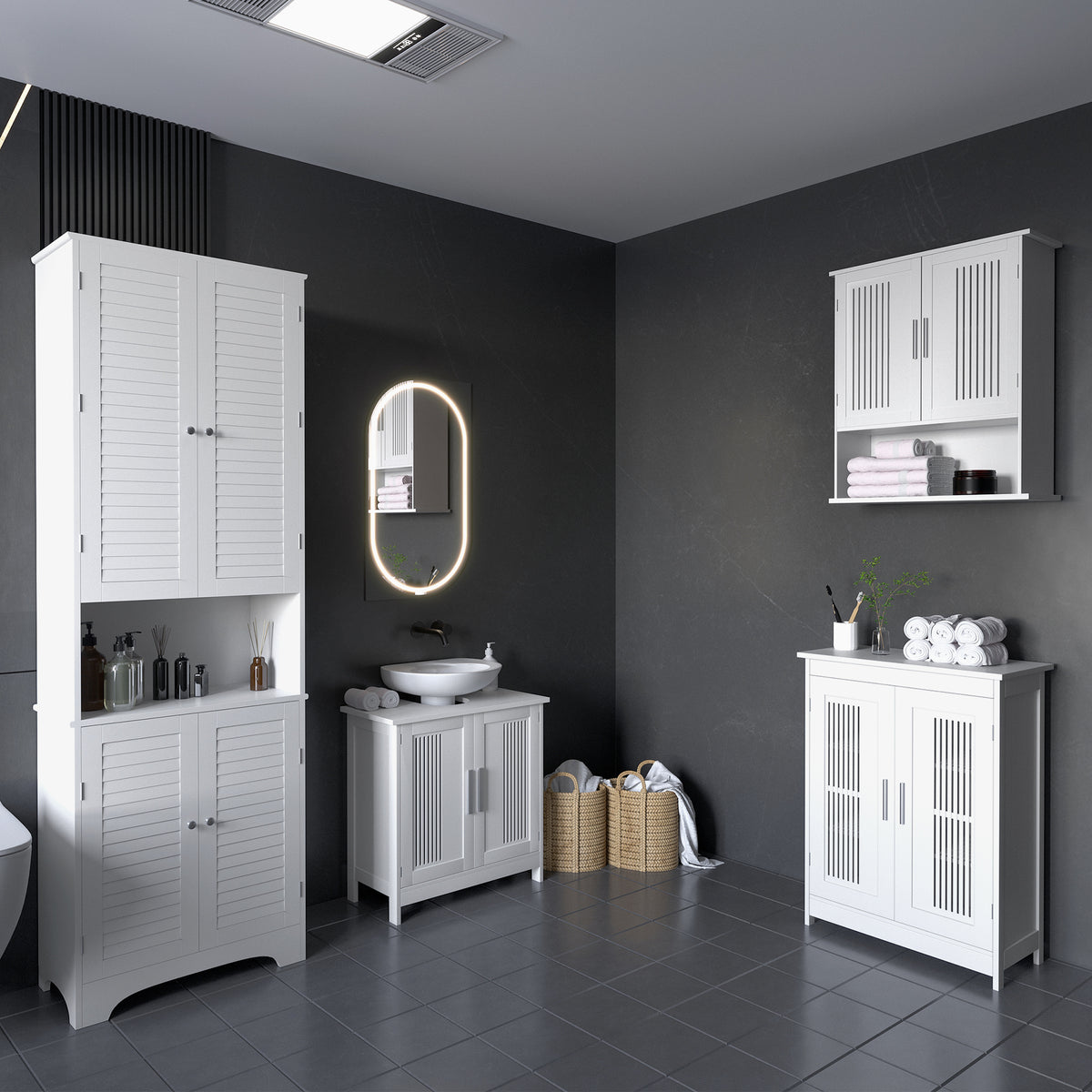 Tall Bathroom Storage Cabinet, Slim Bathroom Cabinet with 4 Shutter Doors and Adjustable Shelves, Toilet Vanity Cabinet, Narrow Organizer, White