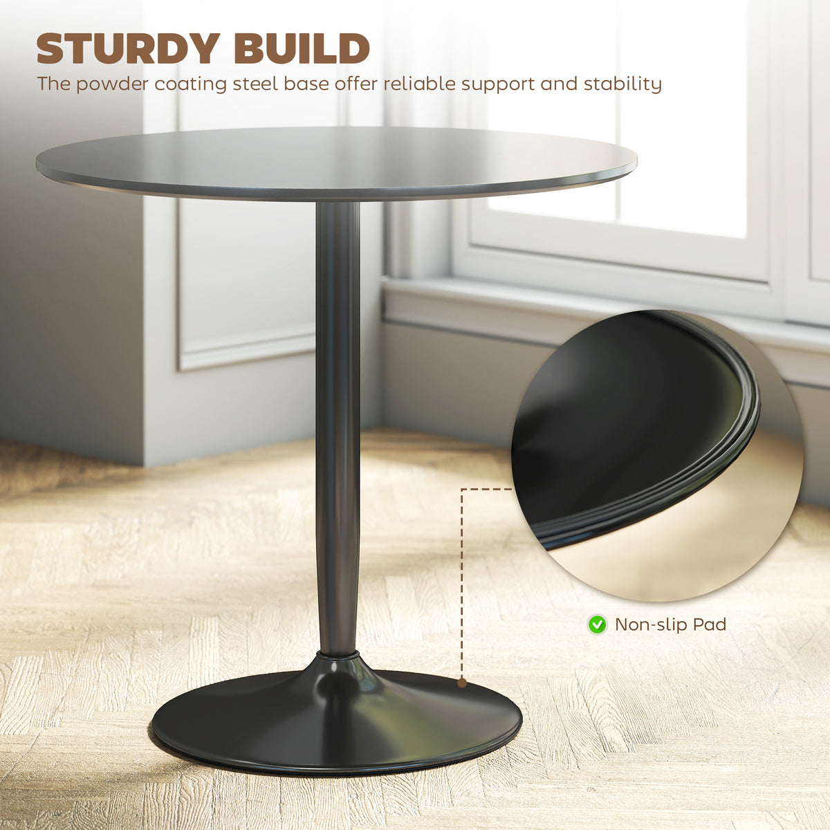 Modern Kitchen Table for 2 People, Round Dining Table with Steel Base for Living Room, Dining Room, Black