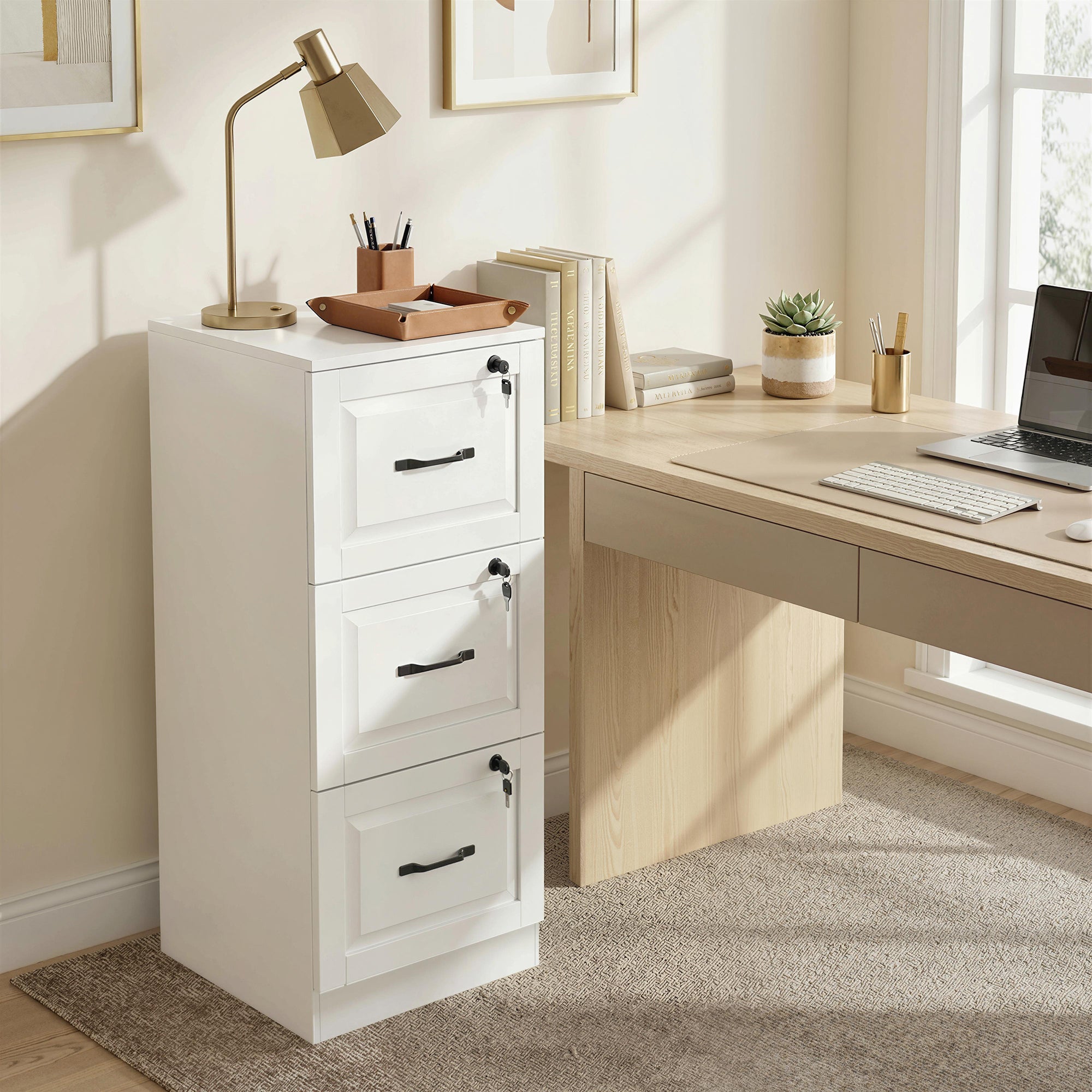 3 Drawer File Cabinet with Lock, Vertical Filing Cabinet with Adjustable Hanging Bars for A4 and Letter Size, Black
