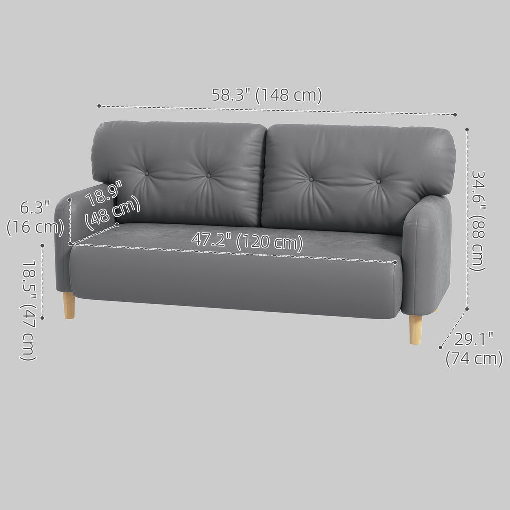 58" 2 Seat Sofa, Modern Love Seats Furniture, Upholstered 2 Seater Couch, Solid Wood Frame, Grey