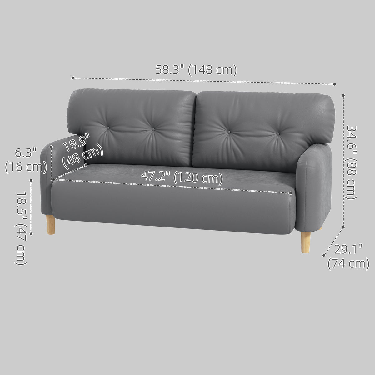58" 2 Seat Sofa, Modern Love Seats Furniture, Upholstered 2 Seater Couch, Solid Wood Frame, Grey