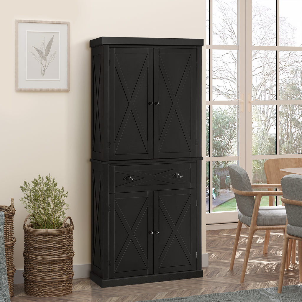 72.5" Kitchen Pantry Cabinet, Freestanding Storage Cabinet with 4 Doors, Drawer and Adjustable Shelves, Black