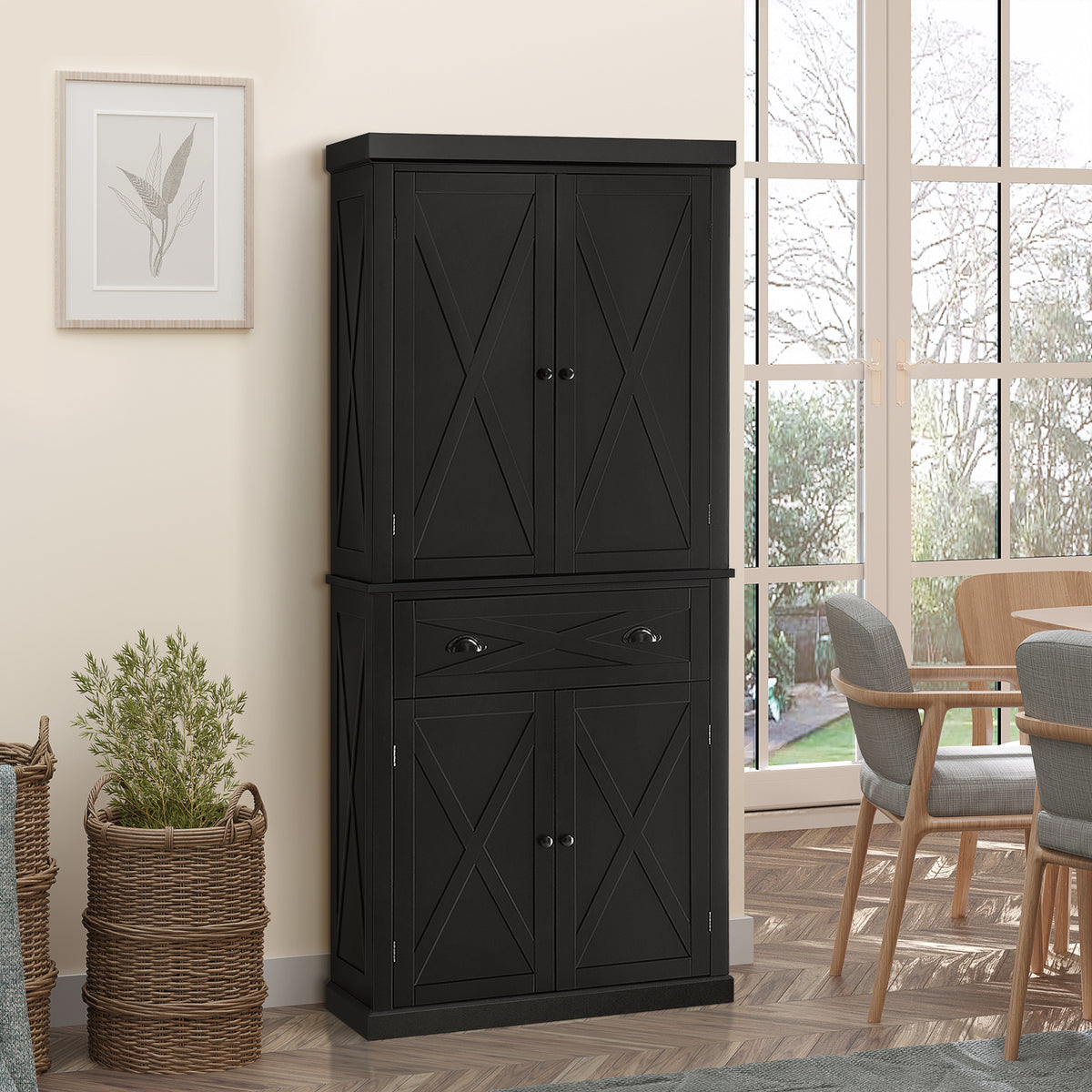 72.5" Kitchen Pantry Cabinet, Freestanding Storage Cabinet with 4 Doors, Drawer and Adjustable Shelves, Black