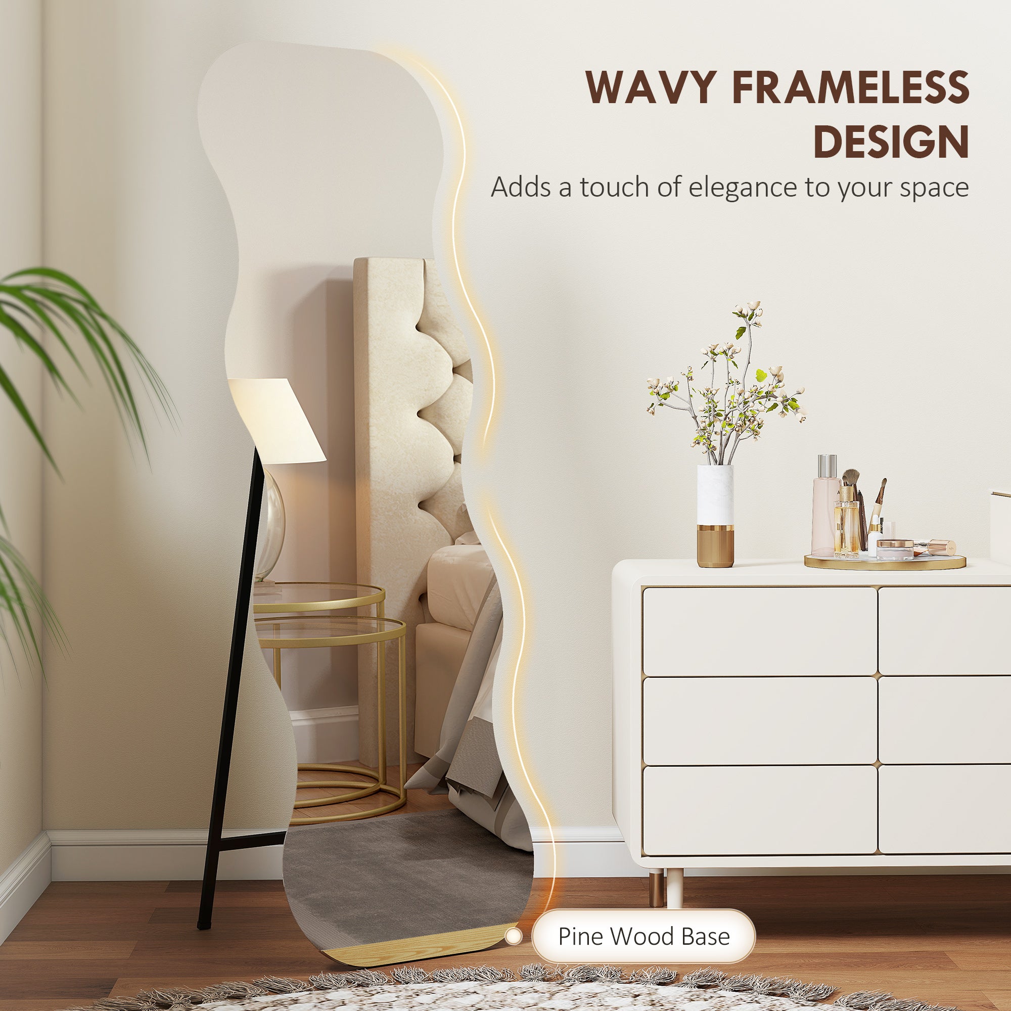 64" x 21" ሙሉ ቁመት መስታወት፣ ቅርጺ ዘይብሉ ሞገድ ዘለዎ ፍሬም ዘይብሉ ሙሉ ኣካል መስታወት ምስ ፓይን ዕጨይሽ መሰረት ንክፍሊ ድቃስ፣ ጸሊም