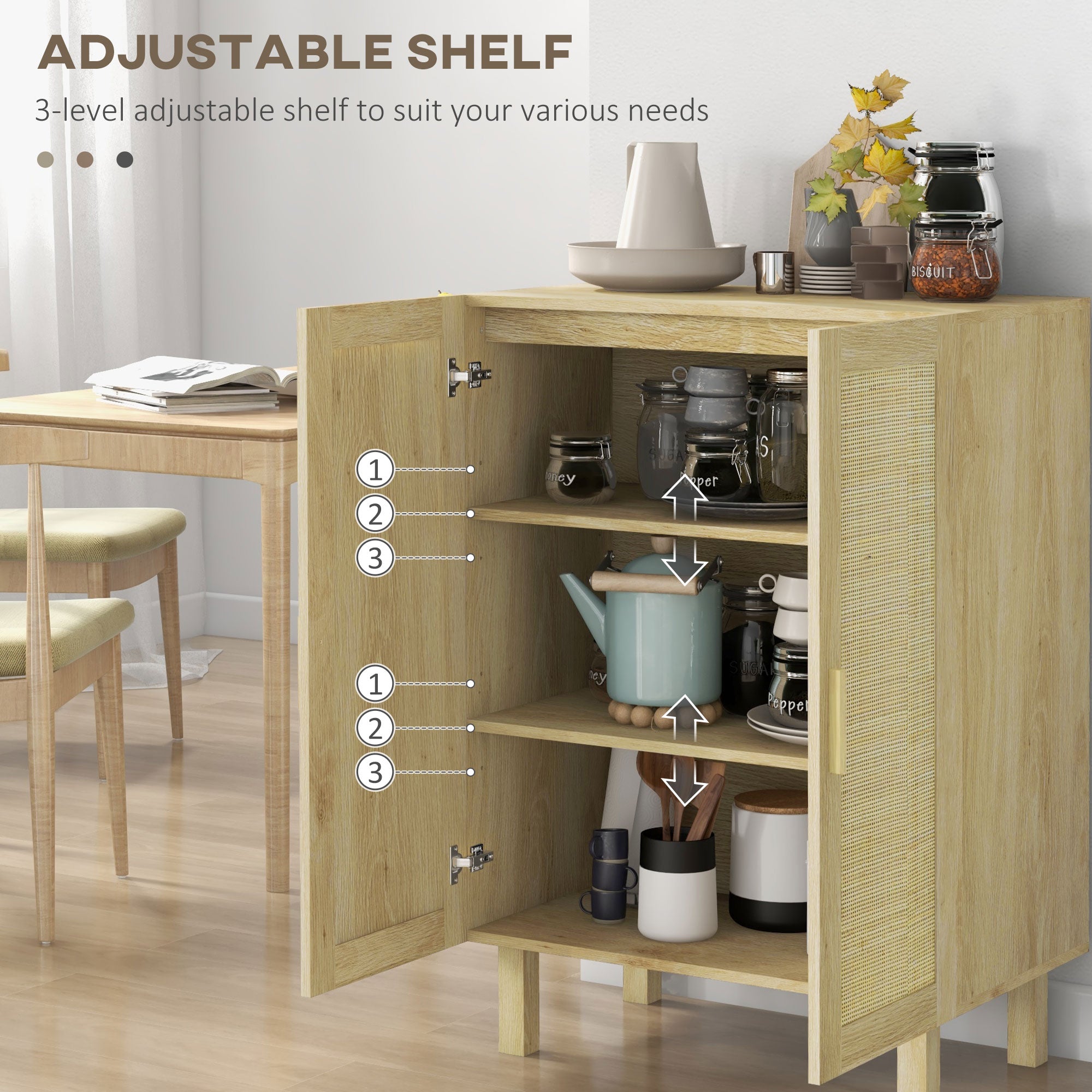 Boho Sideboard, Buffet Cabinet with Storage, Accent Cabinet with 2 Rattan Doors and Adjustable Shelves, Natural