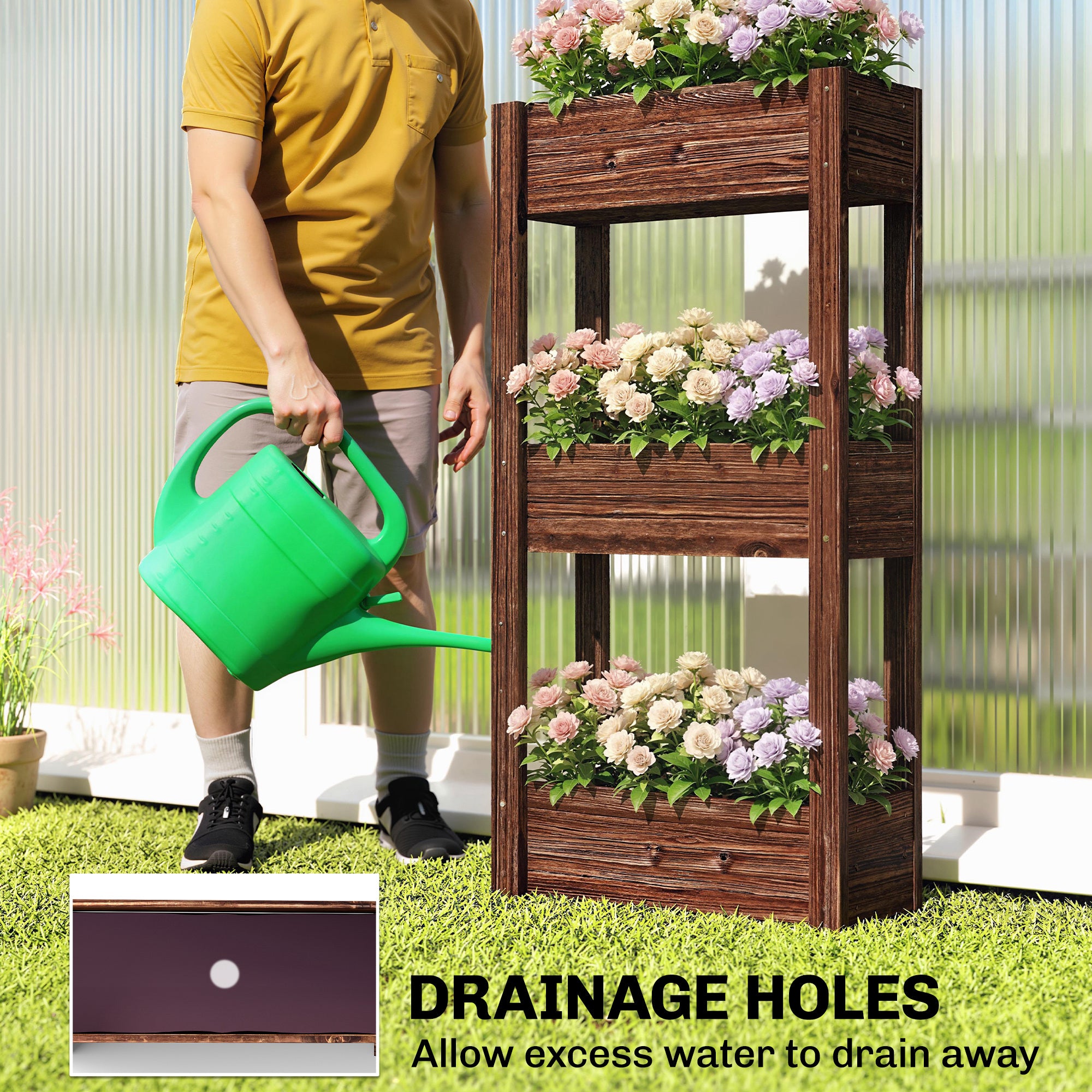 2-Tier Wooden Raised Garden Bed with Legs, 23.6" x 9.8" x 27.6" Elevated Planter Box with Drainage Holes and Bed Liner
