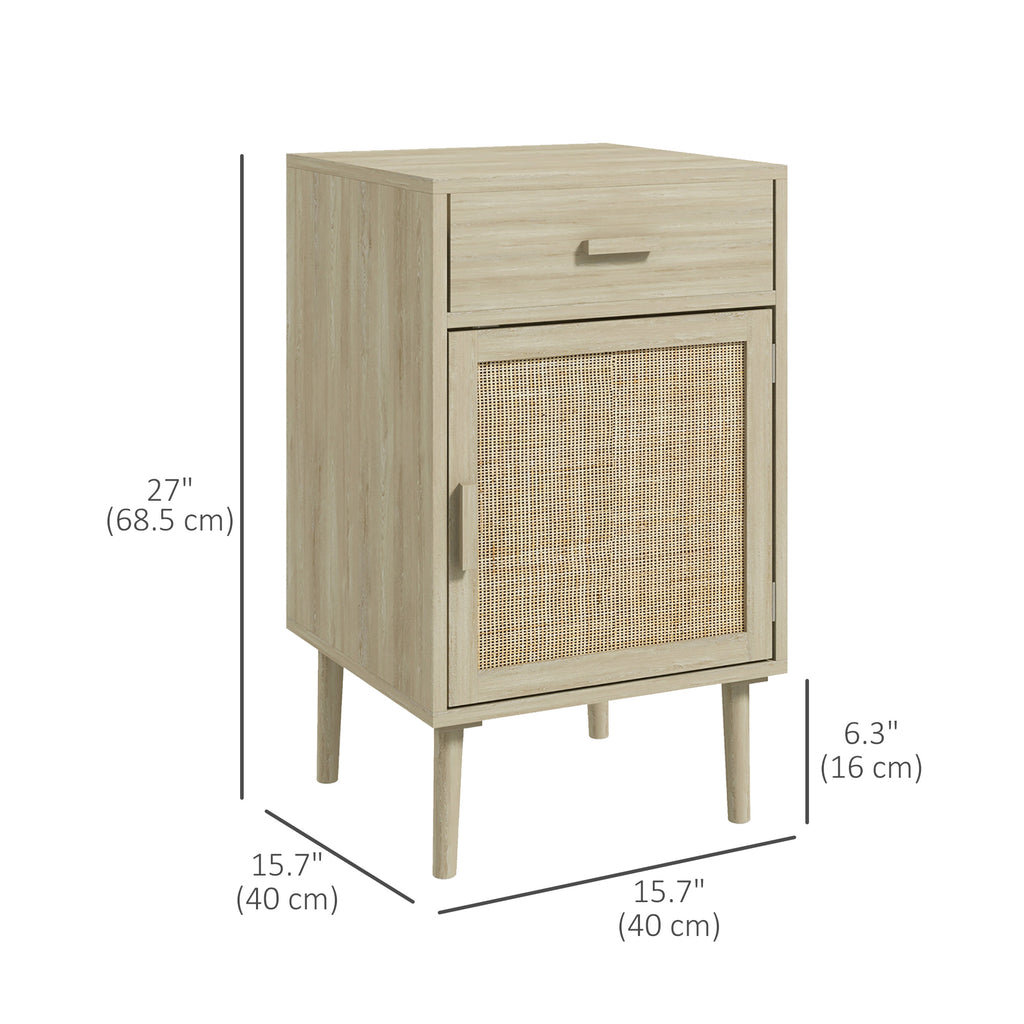 Boho Bedside Tables Set of 2, Nightstands with Drawer, Rattan Cabinet, Adjustable Shelf for Bedroom, Living Room, Black