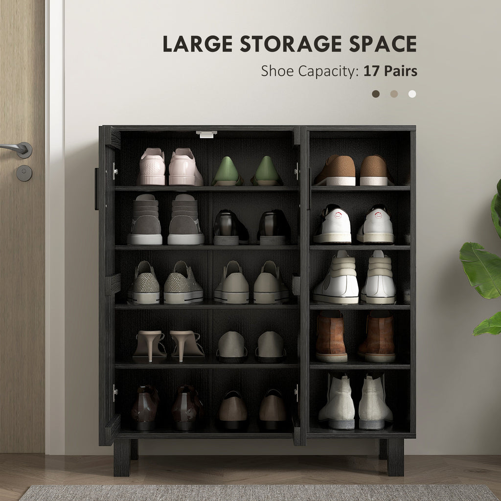 Shoe Storage with Double Doors and Open Shelves 17 Pair Shoe Storage Organizer for Entryway Hallway Walnut