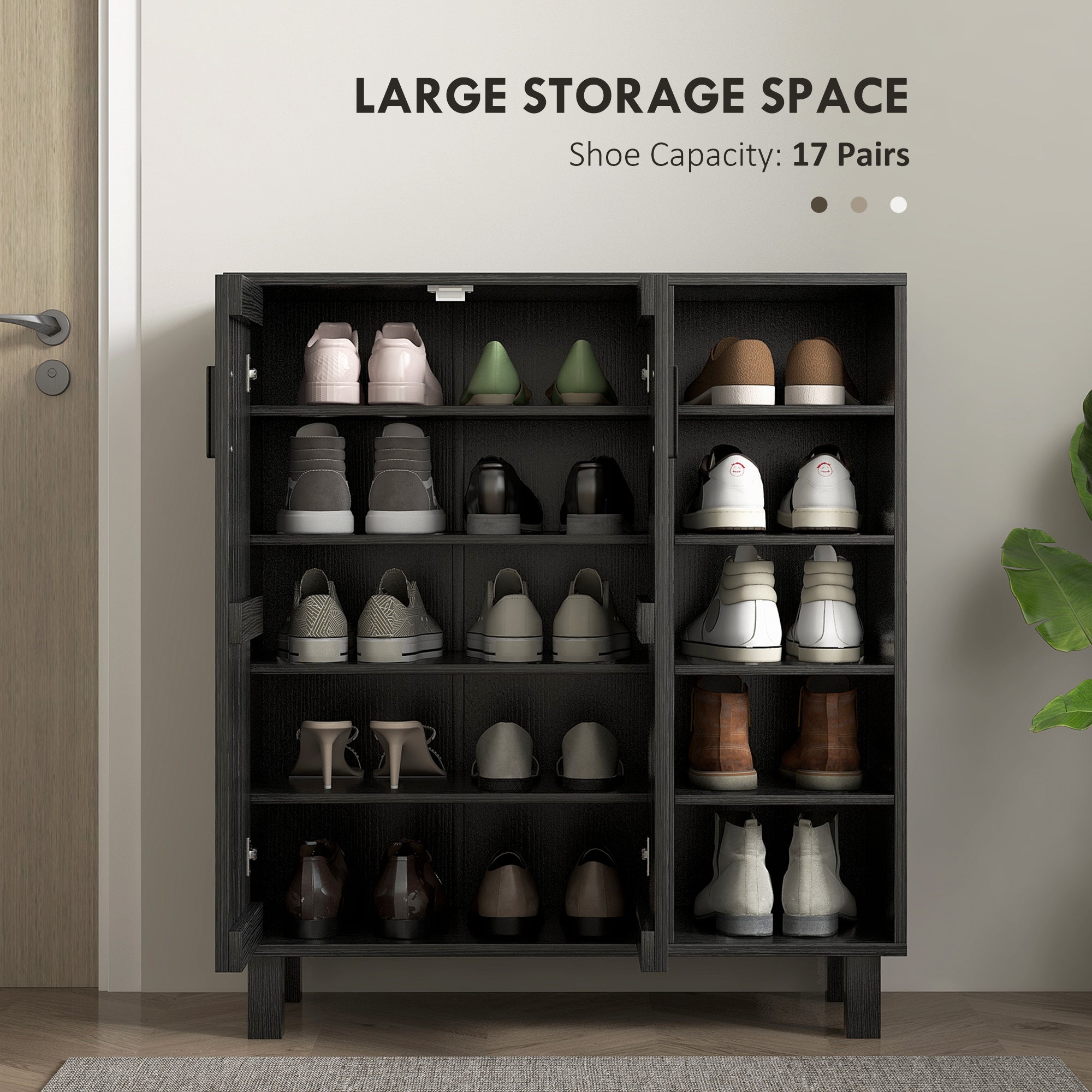 Shoe Storage with Double Doors and Open Shelves 17 Pair Shoe Storage Organizer for Entryway Hallway Walnut
